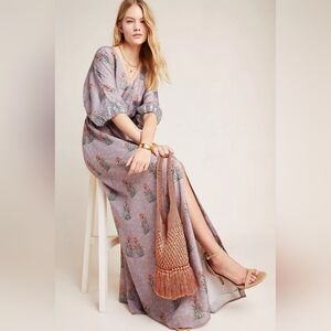 Anthropologie Floral Maxi Dress in Lavender with gray silver sequins